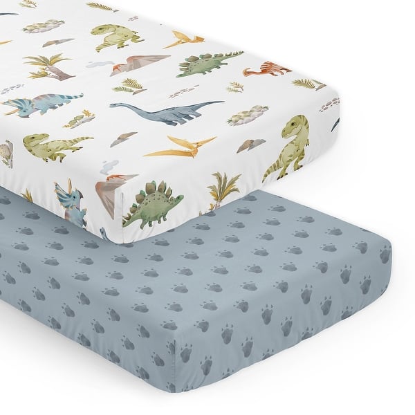 slide 2 of 6, Sweet Jojo Designs Watercolor Dinosaur Dino Boy 2 Pack Fitted Crib Sheets Blue Tracks Footprint Modern Dinosaurs Nature Animal