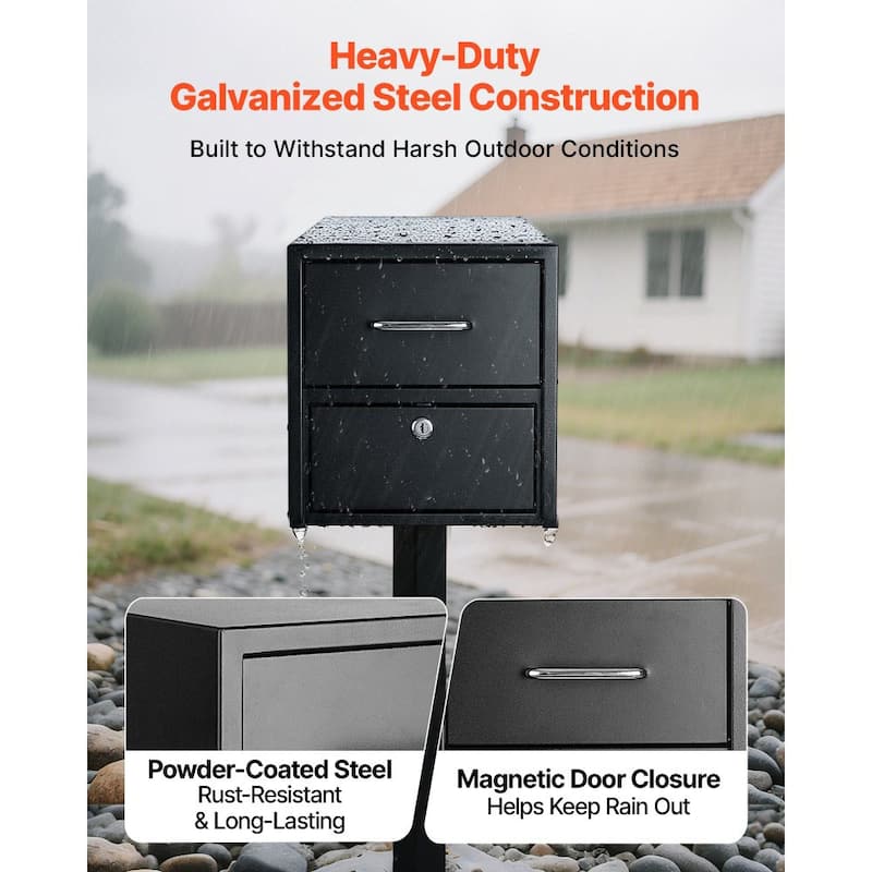 Black Steel Lockable Mailbox Post Mount with Anti-Theft Design and Magnetic Door - 21.06 x 10.63 x 11.22 in