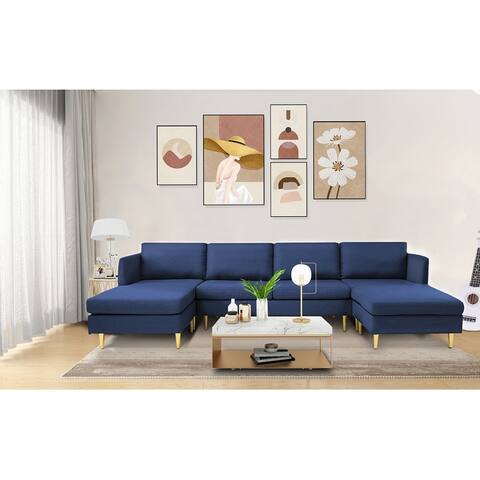 Modern and Contemporary Polyester Convertible Sectional Sofa with Golden Metal Legs