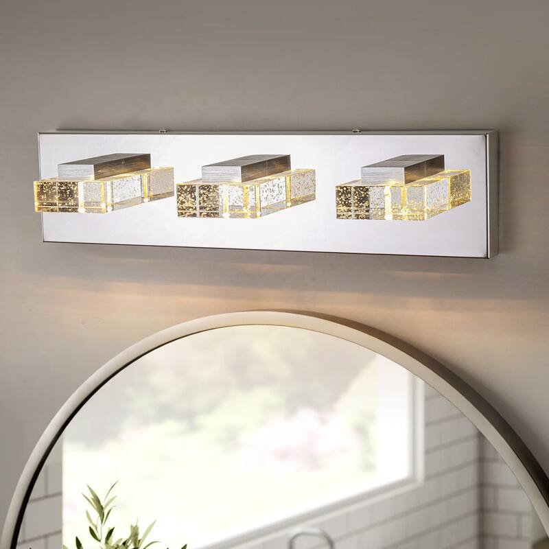 3-Light Modern Chrome Crystal Wall Light Square Integrated LED 3000K Bathroom Vanity Light