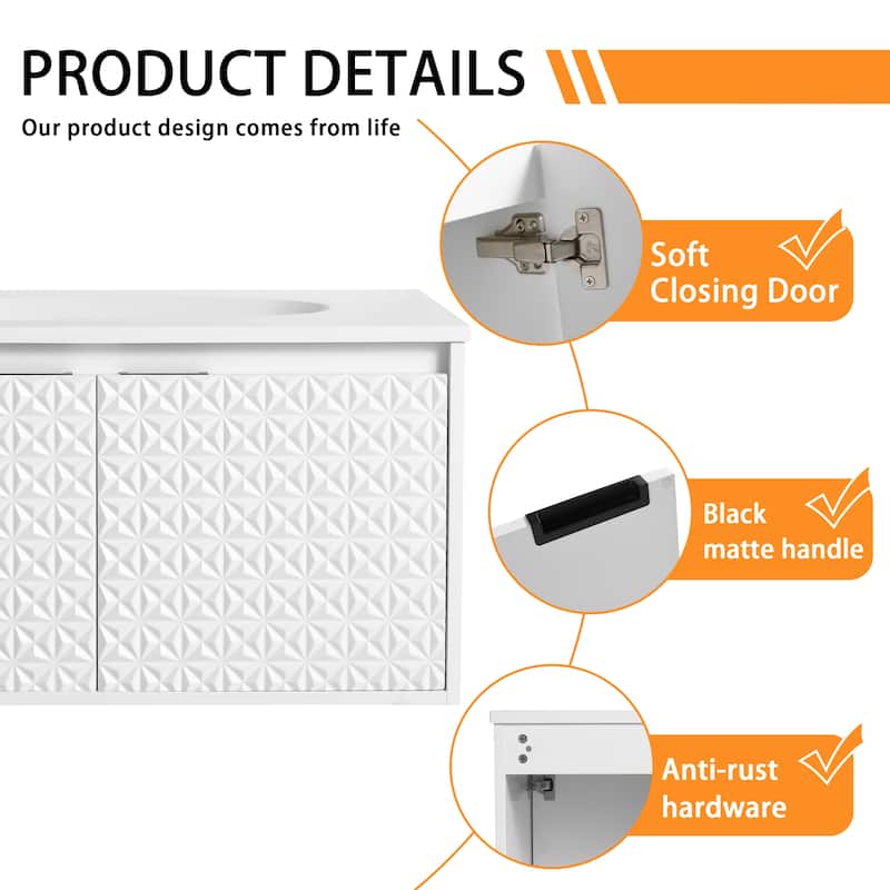 Bathroom Vanity With Sink In 24/30/36 Inch, Floating Bathroom Vanity With Soft Close Door
