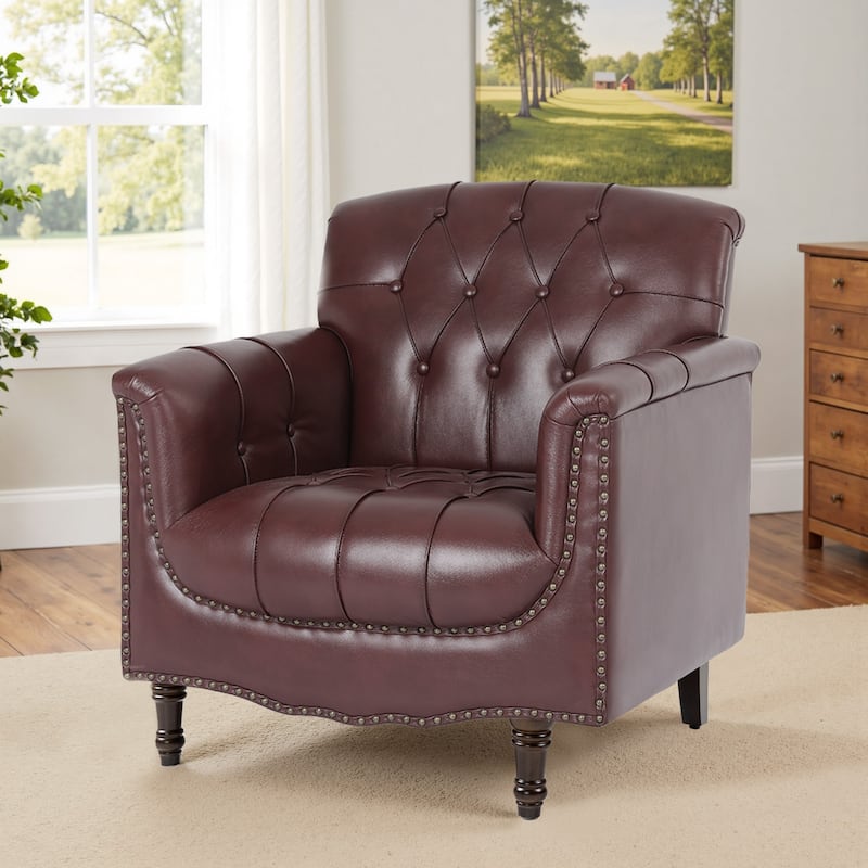 Tufted Vegan Leather Accent Chair Upholstered Armchair - Dark Red