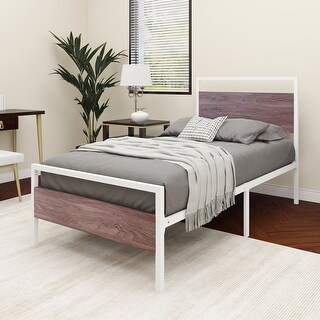 Alazyhome Metal Platform Bed Frame with Wood Headboard and Footboard