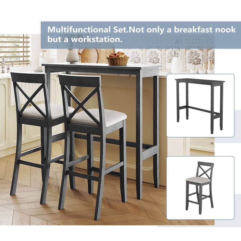 Roomfitters 3-Piece Bar Height Dining Set, 48" Wood Breakfast Nook Table with 2 X-Back Chairs for Small Spaces