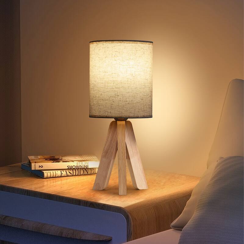 Modern Wood and Linen Table Lamp with Rocker Switch - Natural Wood & Beige Fabric Shade (No Bulb Included)