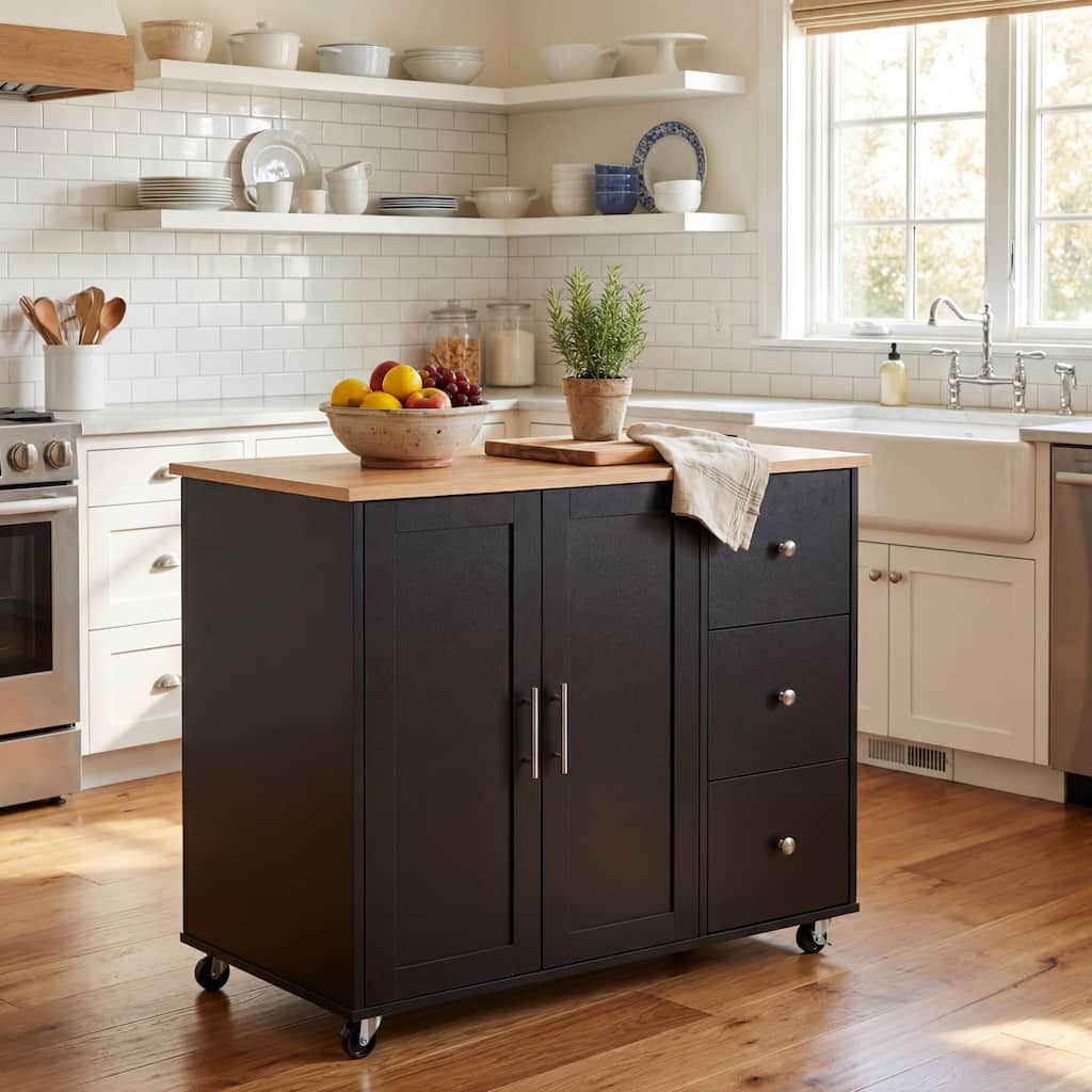 Anmytek Black Rolling Kitchen Cart, 39.76" Mobile Island with Storage, 2 Doors, 3 Drawers and Adjustable Shelf