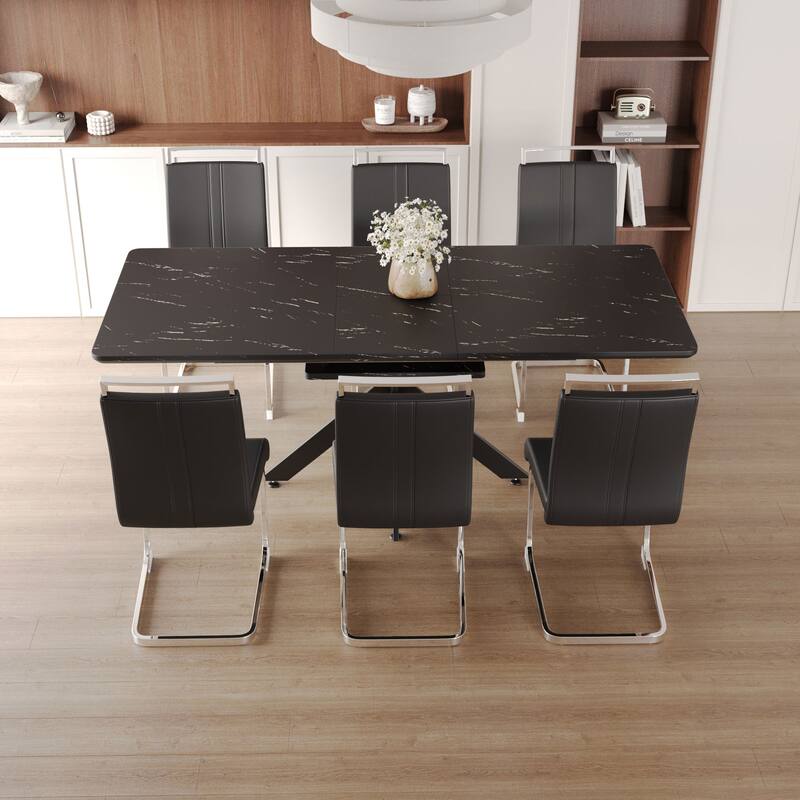 Modern Dining Set with Rectangular Extendable Large Table & C-shaped Tube Soft Padded Armless Chairs