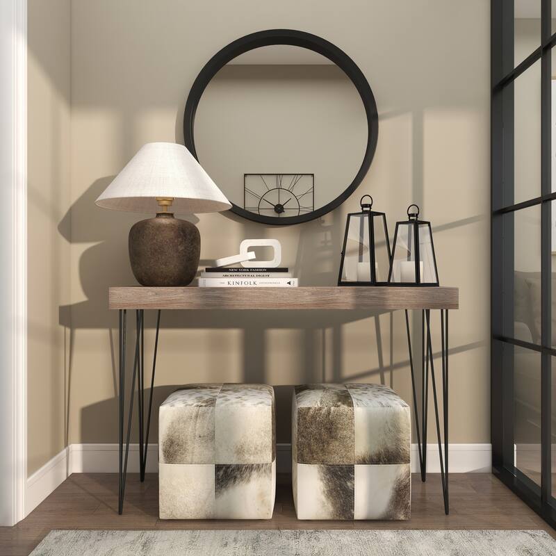 Brown Wood Console Table with Black Metal Hairpin Legs