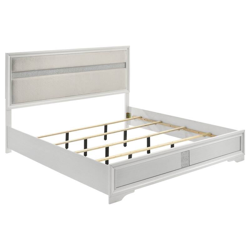 Miranda 54-inch Upholstered Eastern King Panel Bed in White with Glittered Trim and Matching Low Footboard