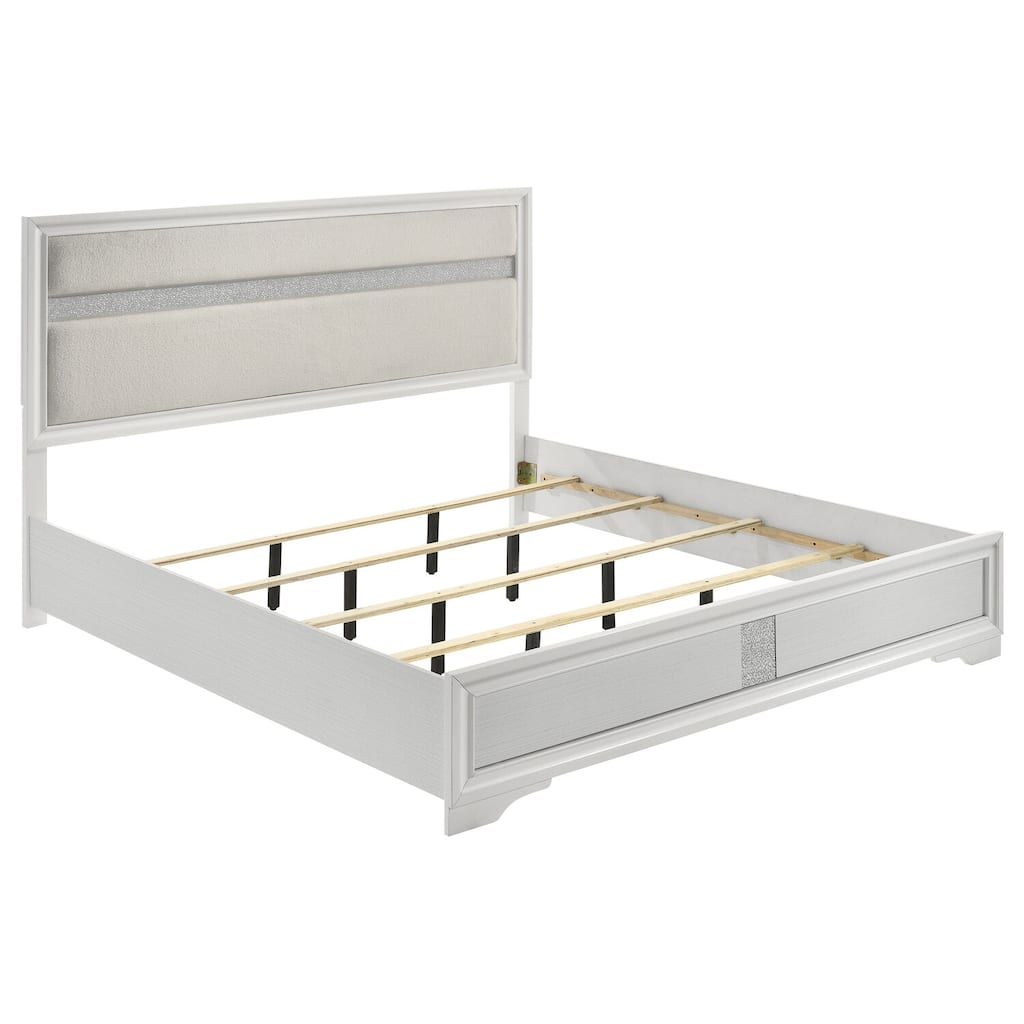 Miranda 54-inch Upholstered Eastern King Panel Bed in White with Glittered Trim and Matching Low Footboard