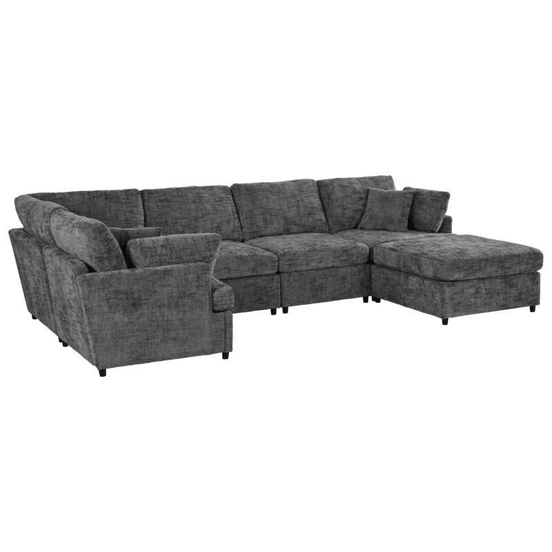 6-Piece U-Shaped Sectional Corner Sofa with Movable Ottoman and Durable Chenille Fabric for Versatile Living Spaces