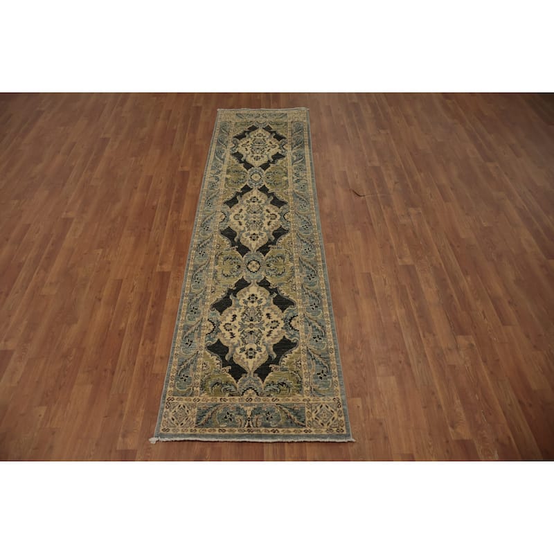 Hand Knotted Oriental 100% Wool Carpet Transitional Floral Greys & Charcoal Oushak Runner Rug - 9' 5'' X 2' 6''