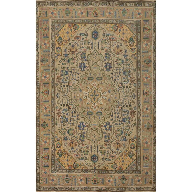 Hand Knotted Oriental 100% Wool Carpet Traditional Floral Brown Tabriz Area Rug - 9' 8'' X 6' 5''