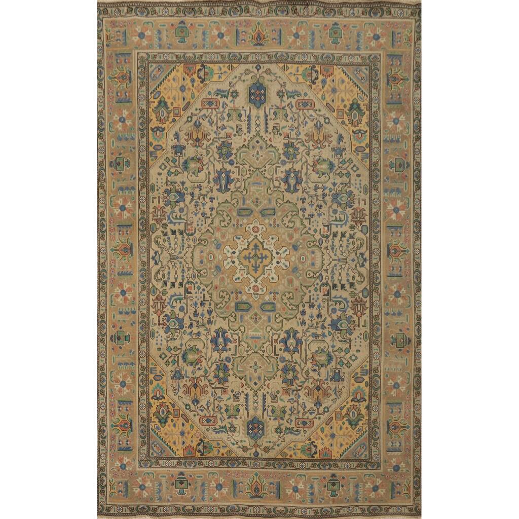 Hand Knotted Oriental 100% Wool Carpet Traditional Floral Brown Tabriz Area Rug - 9' 8'' X 6' 5''