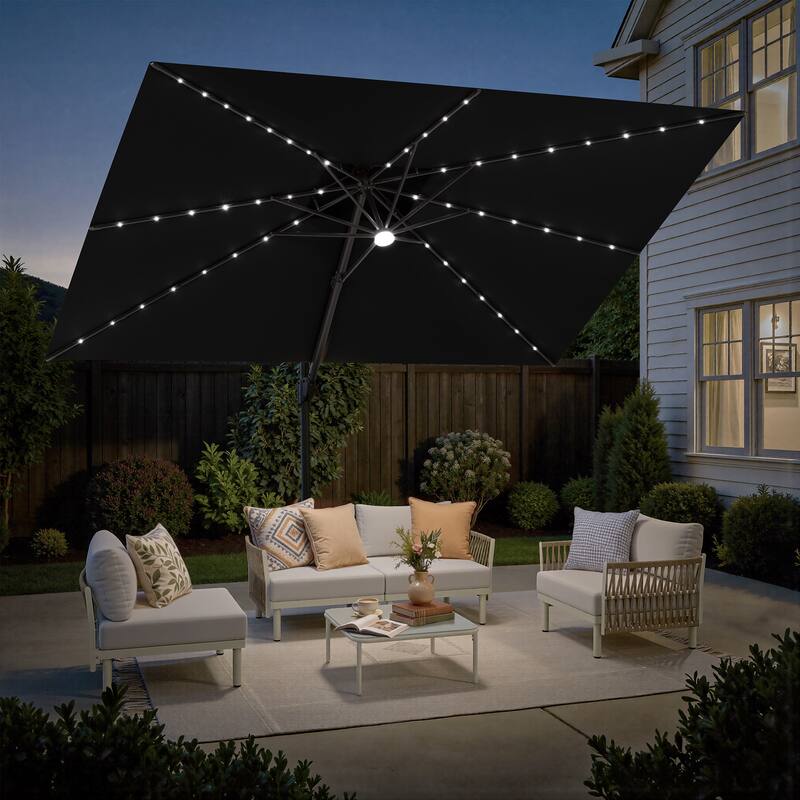 11 FT Square Outdoor Premium Double Top Solar Powered LED Patio Cantilever Umbrella - Black