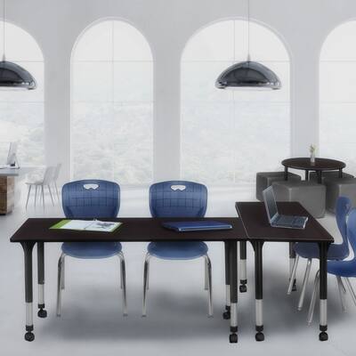 Kee 66" x 30" Height Adjustable Mobile Classroom Table - Mocha Walnut & 2 Andy 18-in Stack Chairs- Black