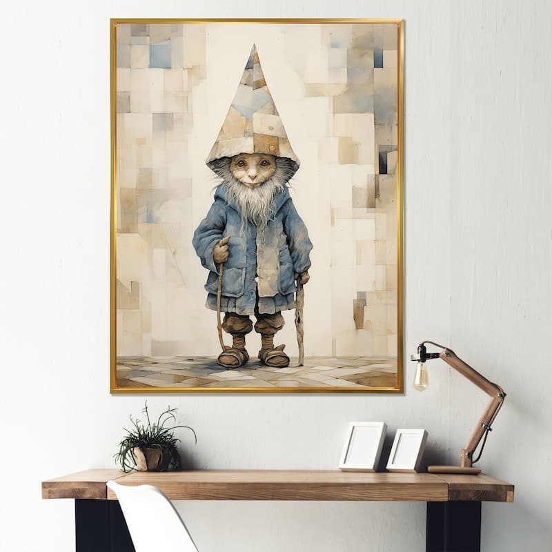 Designart "Fantasy Beige And Blue Gnome Portrait" Gnome Framed Canvas Prints - 12 in. wide x 20 in. high - Gold