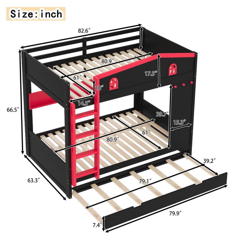House-shaped Bunk Bed with Hooks, Storage Shelves, Safety Guardrails and Optional with Underbed Drawers or Trundle Bed