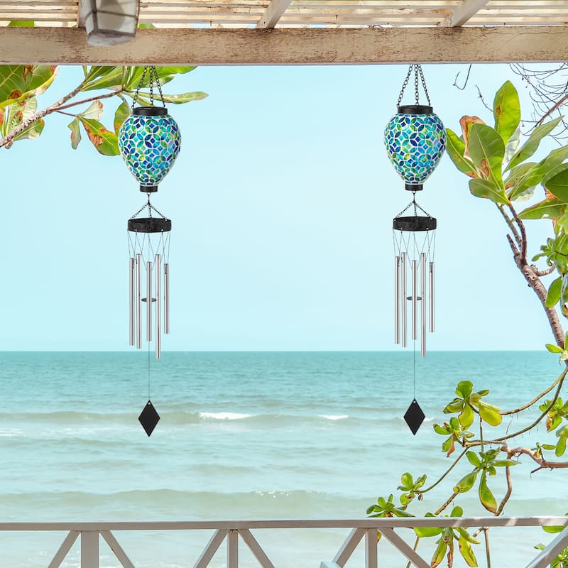 Glitzhome Set of 2 37"H Solar Lighted Metal and Glass Mosaic Windchimes - 37''H