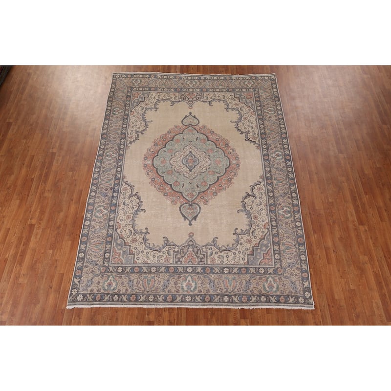 Distressed Tabriz Persian Vintage Area Rug Handmade Beige Wool Carpet - 7'10" x 11'1"