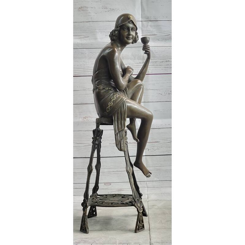 Art Deco Flapper Girl On Chair W/ Wine Champagne Gl Bronze Figure Sculpture 21.5 Inches X 6.5 Inches