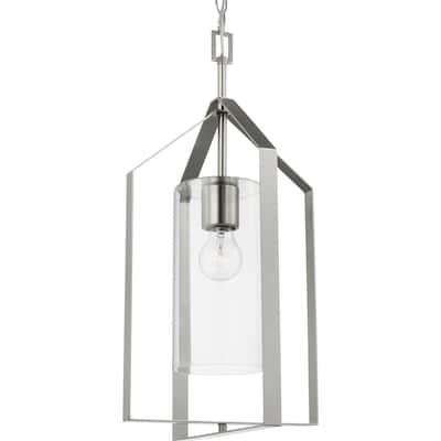 Vertex Collection One-Light Brushed Nickel Clear Glass Contemporary Foyer Light - 12 in x 12 in x 22.5 in