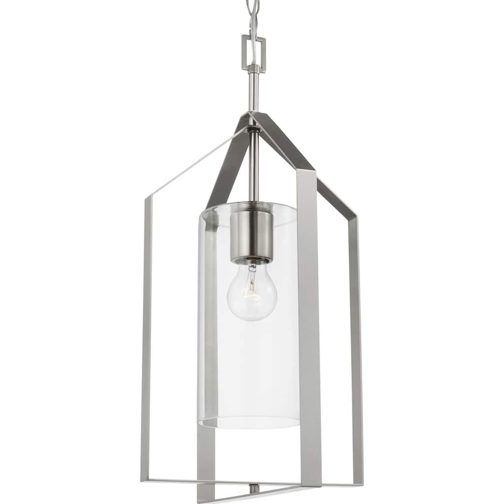 Vertex Collection One-Light Brushed Nickel Clear Glass Contemporary Foyer Light - 12 in x 12 in x 22.5 in