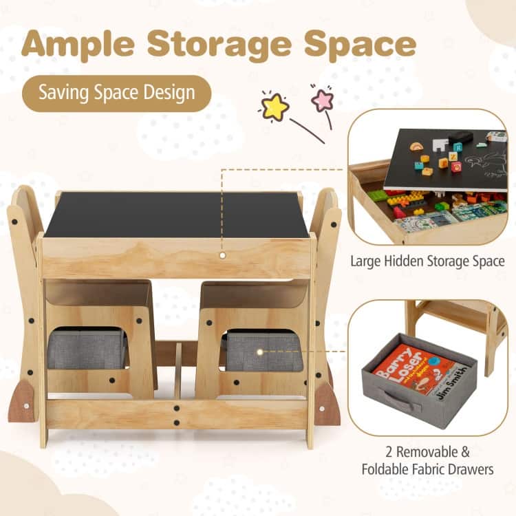 Plywood 3 in 1 Kids Table and Chairs Set with Storage Bins - 24.5" x 24.5" x 19"