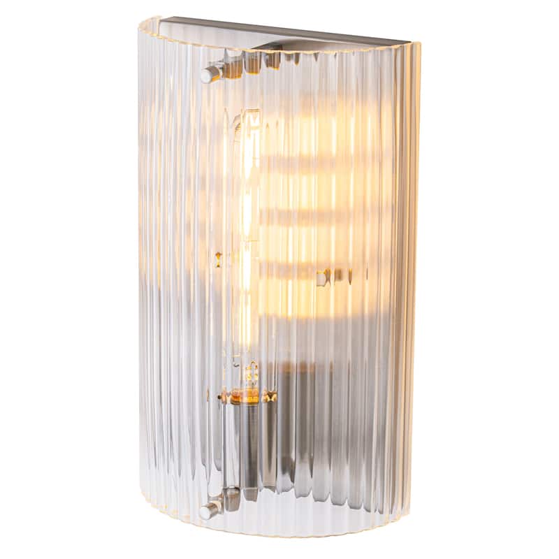 Brushed Nickel Wall Sconce Half-Cylinder Fluted Clear Glass Shade