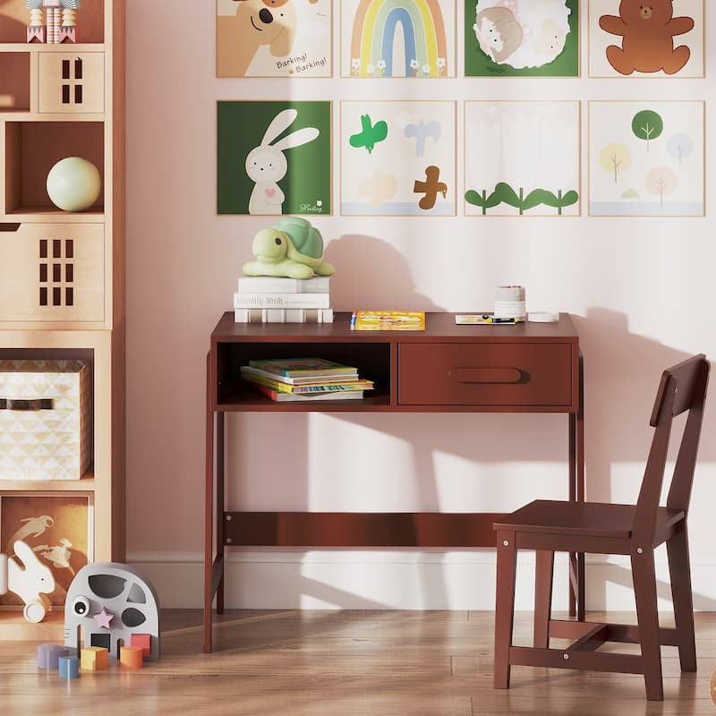 Kids Study Table and Chair Set with Storage Drawer and Hutch and Pine Wood Frame for 3 Over Years Old - 33.5" x 19" x 27.5"