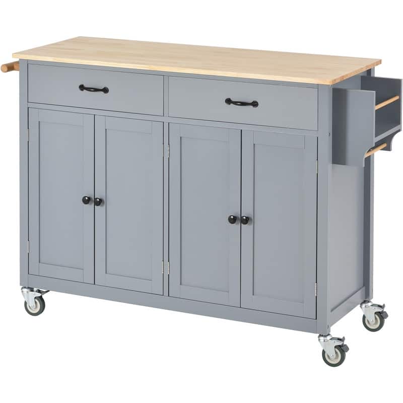 35"W Kitchen Island Cart with Solid Wood Top and Locking Wheel，4 Door Cabinet and 2 Drawers，Spice Rack, Towel Rack and Handle
