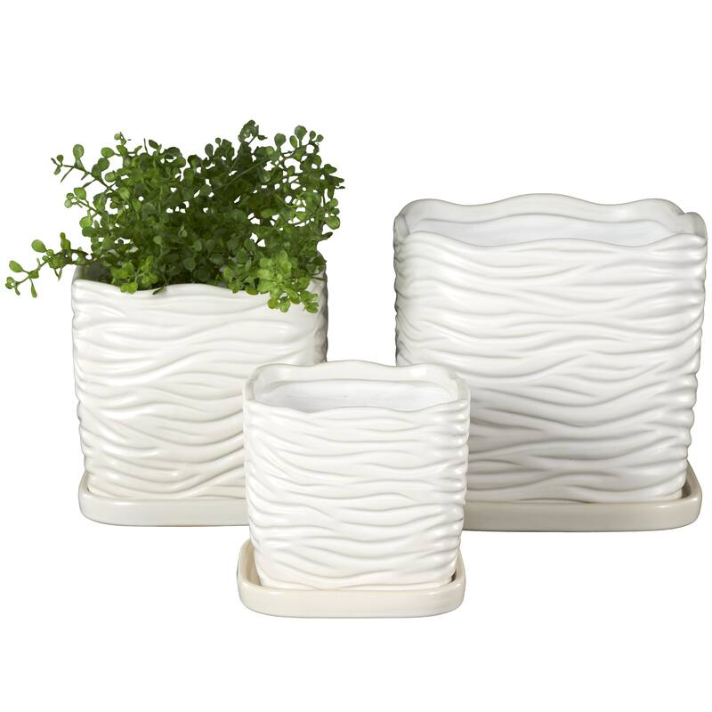 Black or White Ceramic Wavy Ribbed Indoor Outdoor Planter with Attached Saucer (Set of 3)