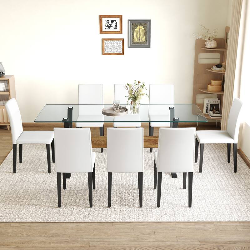 9 Piece Rectangular Glass Dining Table Set, Tempered Glass Dinner Table Set for 8, Kitchen Table Set with 8 Upholstered Chairs