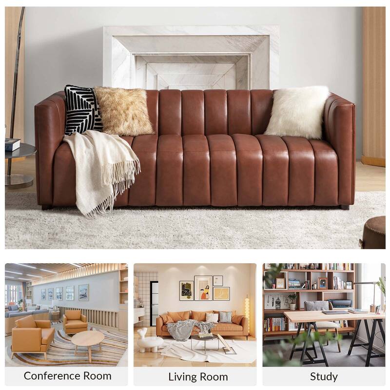 Olinto Modern 83-Inch Genuine Leather Curved Couch Sofa with Channel Back by HULALA HOME