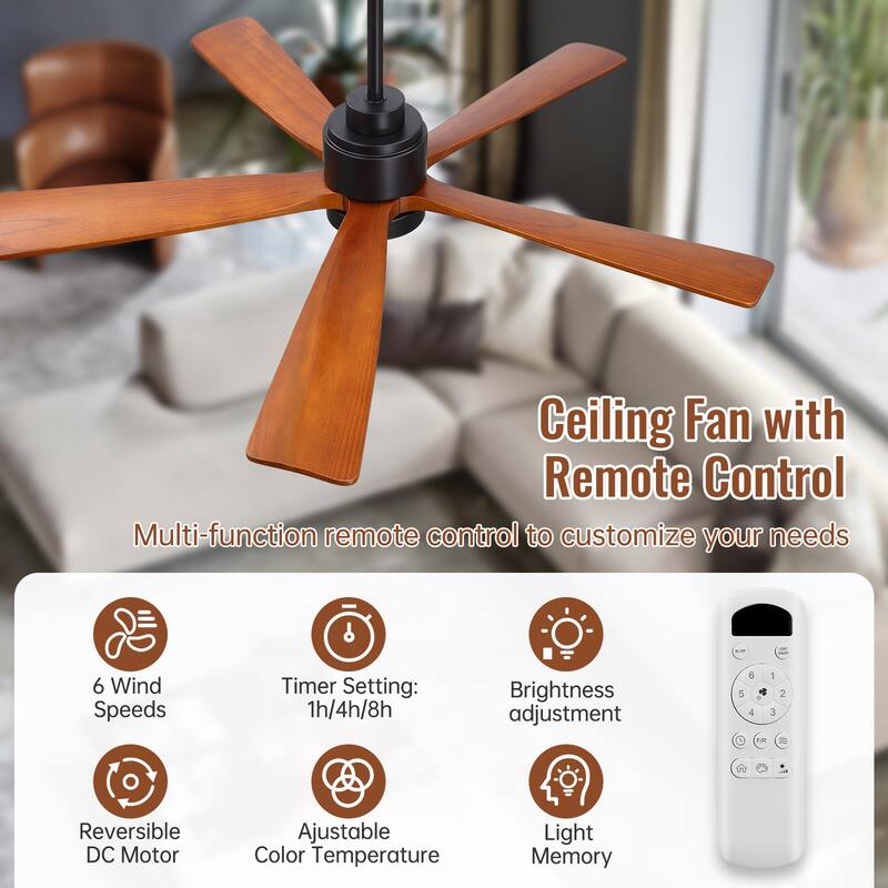 Sofucor 52 Inch Ceiling Fan with Light,6-Speed Quiet Remote Control,Dimmable LED,for Living Room, Bedroom and other Indoor