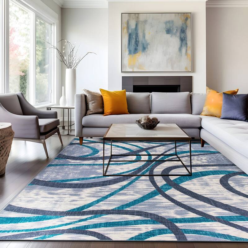 Contemporary Distressed Abstract Lines Non Slip Area Rug