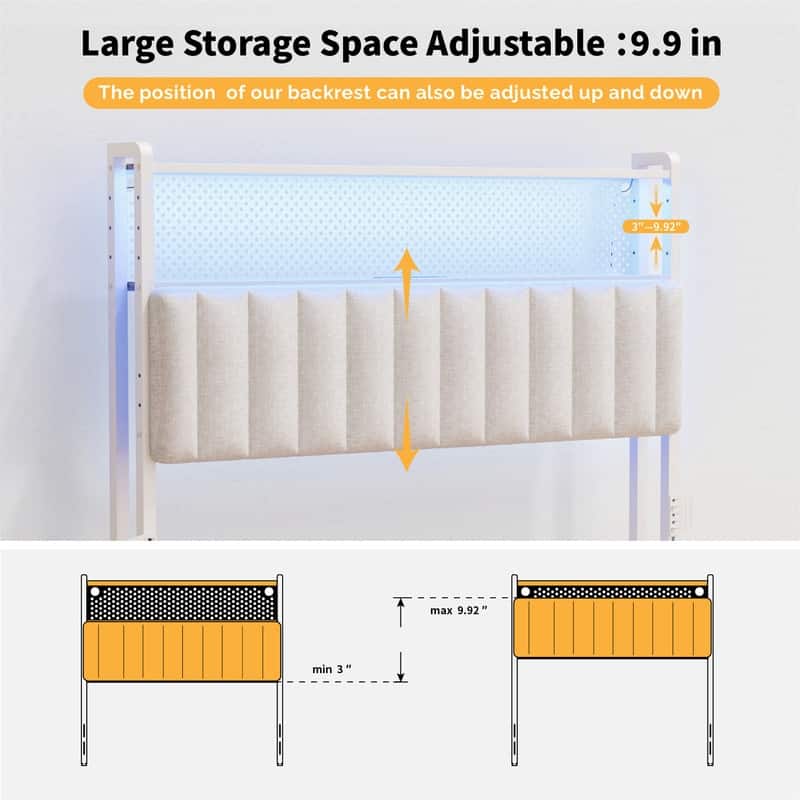 Adjustable Upholstered Headboard with 2 Tier Shelves with Charging Stations and LED Lights, Modern Bed Headboard with Storage
