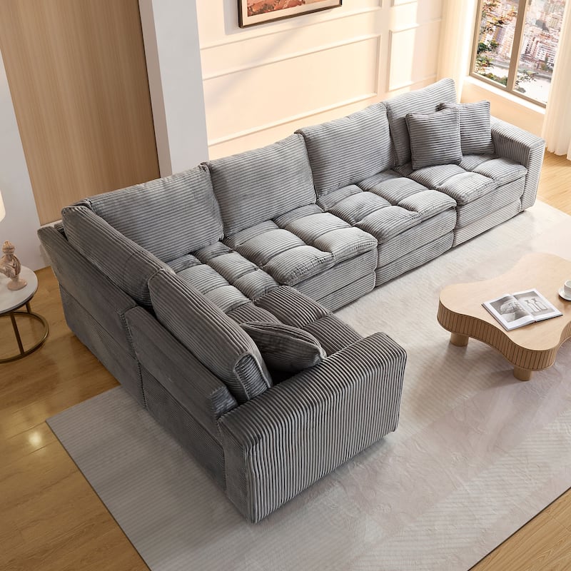 Oversized Sectional Sofa L Shaped Corner Couch Corduroy Upholstery Convertible Sleeper Sofa Couch - 5 Seats-Grey - Left Facing