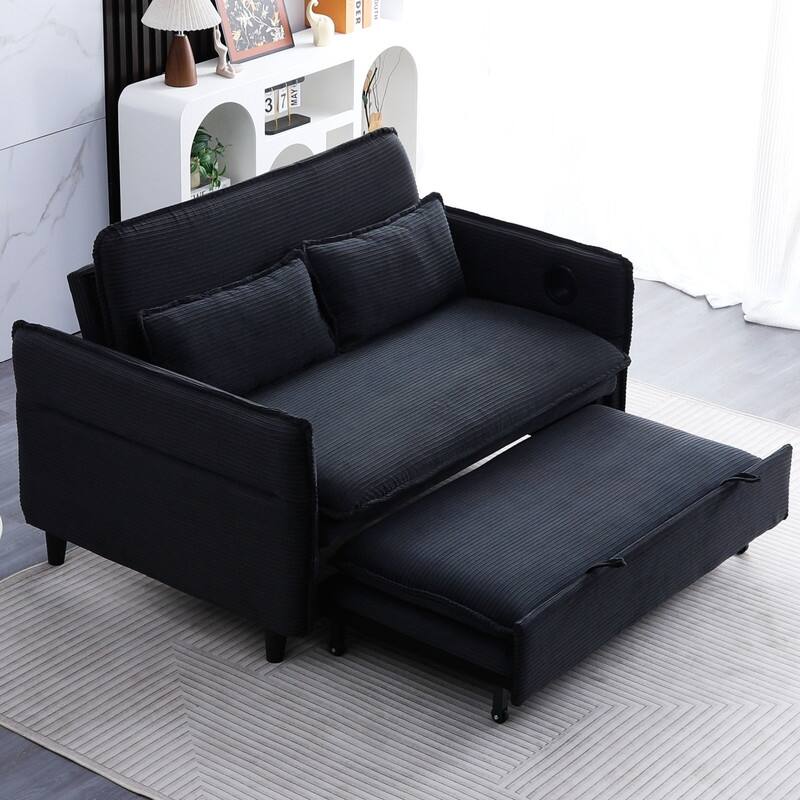 65.7" Corduroy Upholstered Pull-out Sofa With Cup Holder