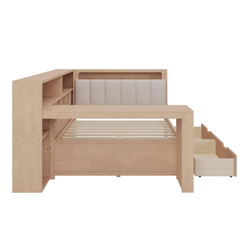 Wood Daybed L-shaped Bookcase Bed with Under-Bed Drawers and Side Bookshelf, Platform Daybed with Desk and Padded Headboard
