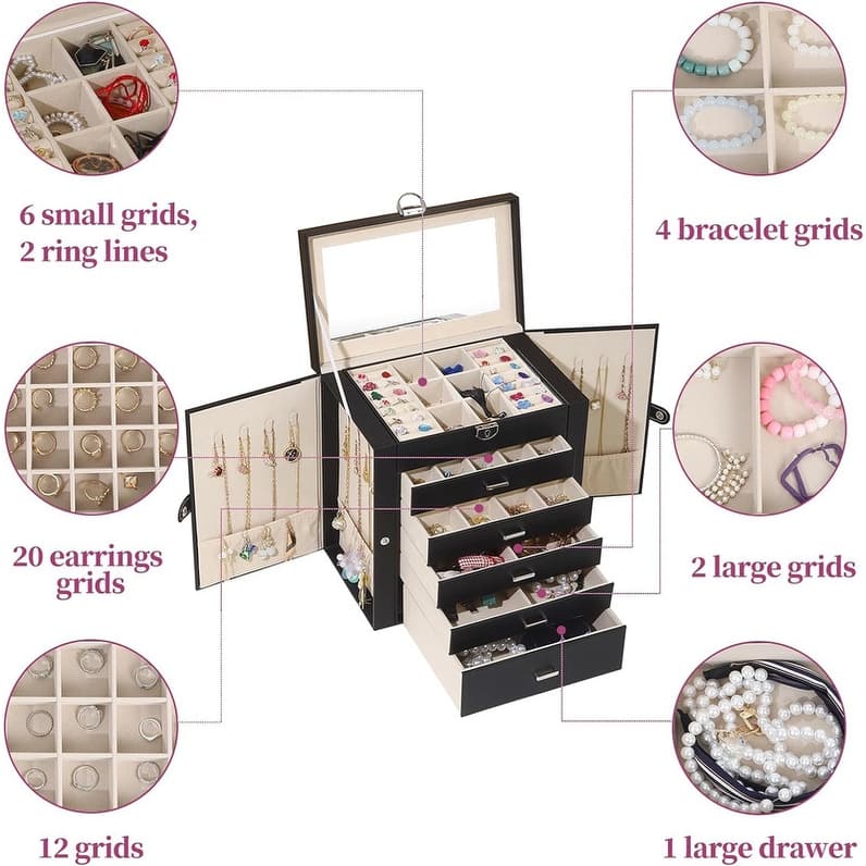 6 Layer Large Jewelry Organizer With Mirror - 6.6"D x 10.6"W x 11"H
