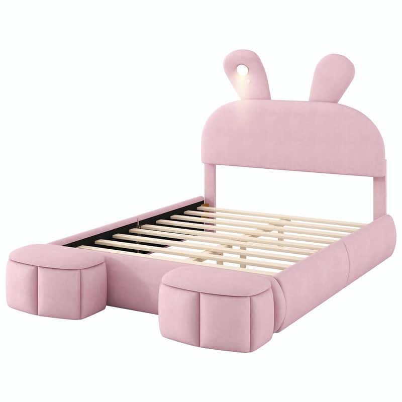 Full Size Upholstered Platform Bed with Cartoon Ears Headboard & Built-In Light