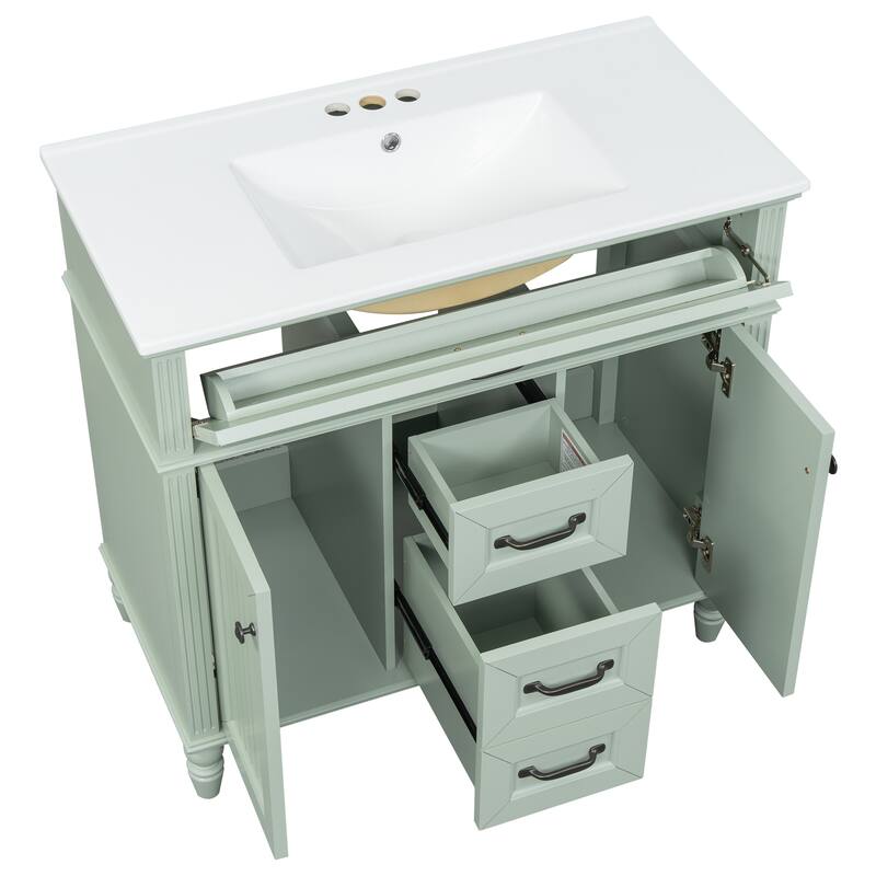 36 Inch Bathroom Vanity with Sink Combo,Freestanding Cabinet with Ceramic Basin, Flip-Out Top Drawer, Soft Close Doors
