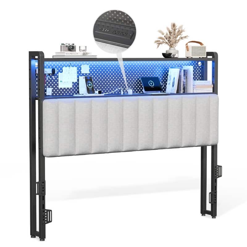 Adjustable Upholstered Headboard with 2 Tier Shelves with Charging Stations and LED Lights, Modern Bed Headboard with Storage - Linen and light gray - Full