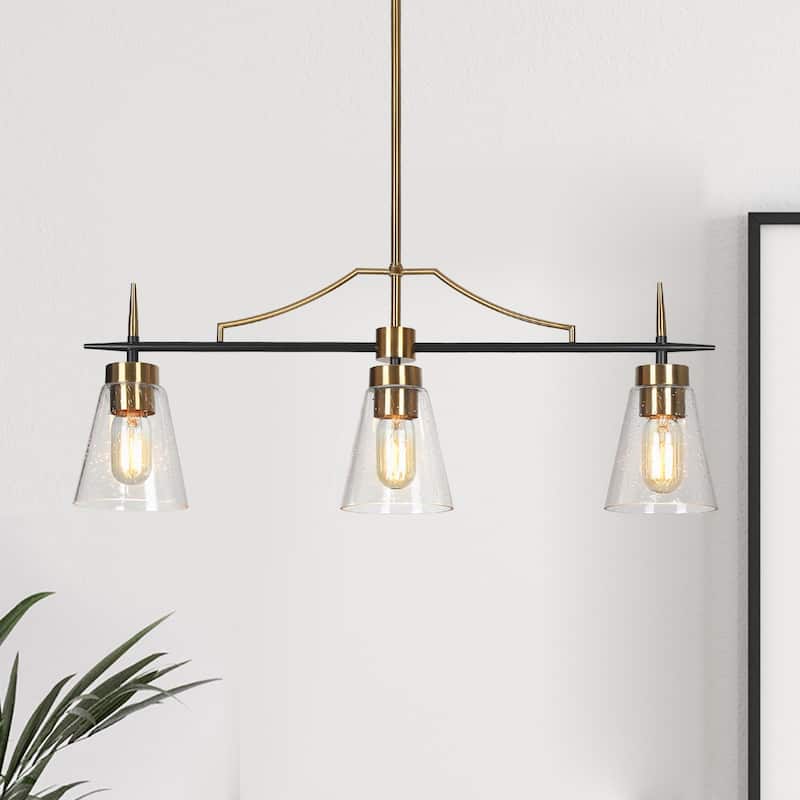 Aditi Mid-century Modern Black Brass Linear Bedroom Chandelier for Dining Room with Seeded Glass - L 27.5" * W 5"* H 11"