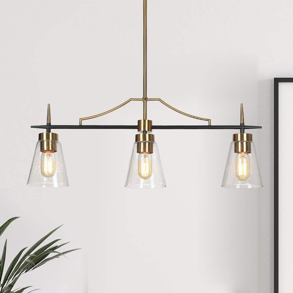Aditi Mid-century Modern Black Brass Linear Bedroom Chandelier for Dining Room with Seeded Glass - L 27.5" * W 5"* H 11"