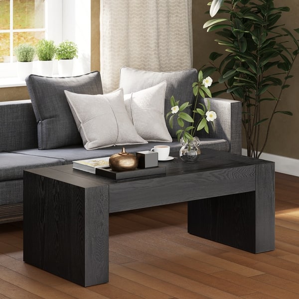 COZAYH Rustic Wood Coffee Table with Chunky Block-Legs, Farmhouse Style Center Table, Lounge, Rectangular - Black