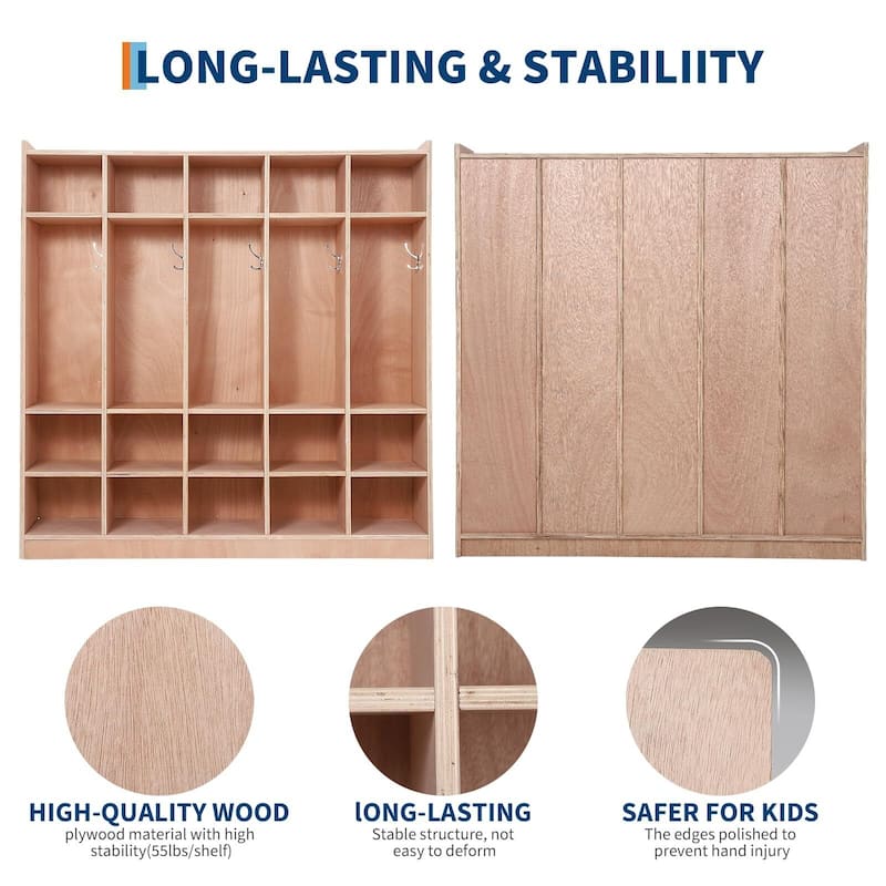 Classroom Coat Locker, 15/10 Cubbies for Classrooms with Anti-tip Anchors, Daycare Cubby with 4 casters