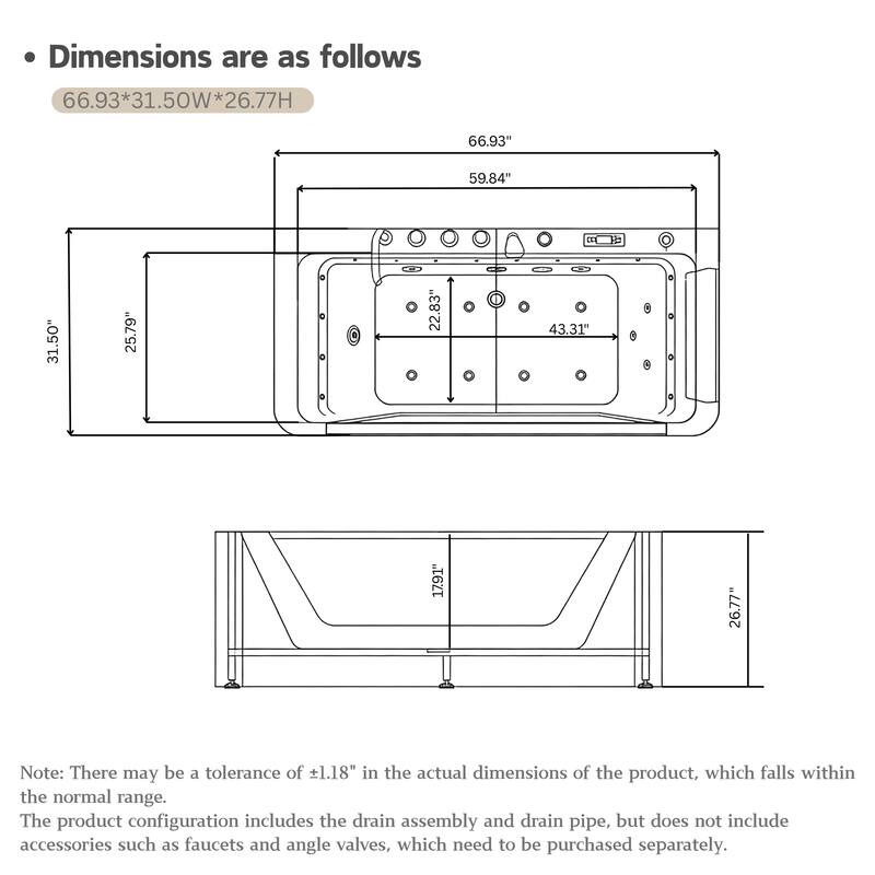 67" Whirlpool Bathtub, Hydrotherapy Jetted Bathtub with Glass Panel