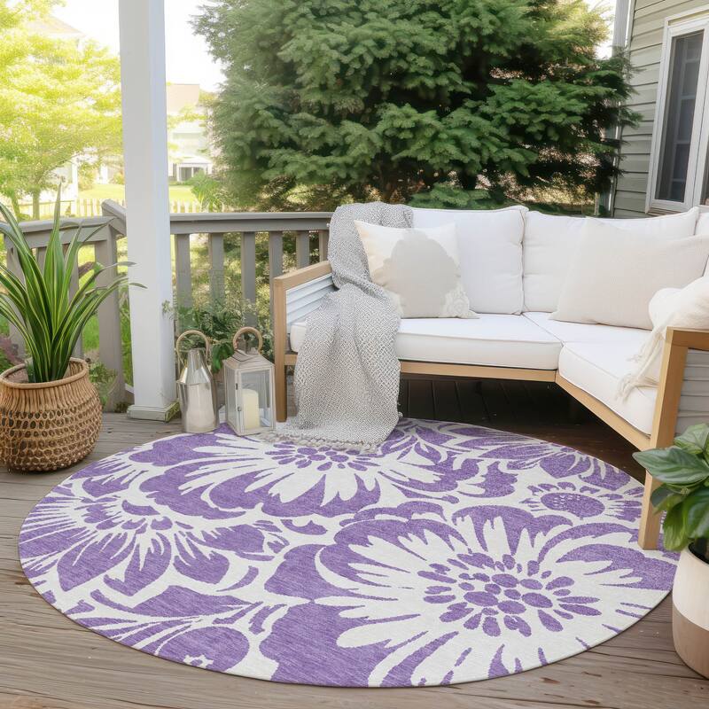 Machine Washable Indoor/ Outdoor Whimsy Floral Chantille Rug - Purple - 8' x 8'